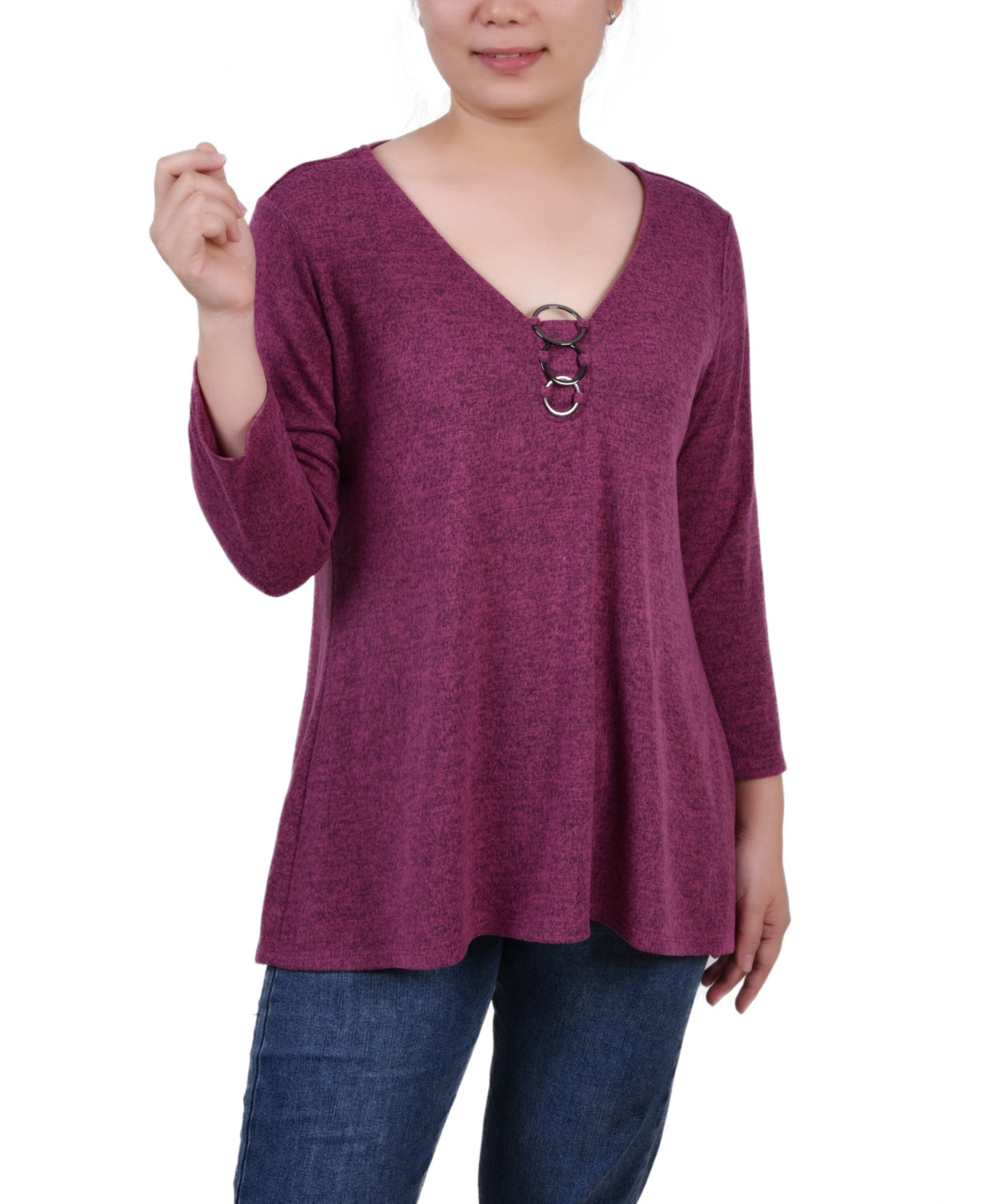 NY Collection Women's 3/4 Sleeve 3 Ring Top Pink Size Large