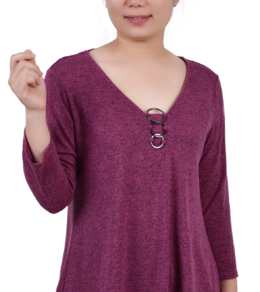 NY Collection Women's 3/4 Sleeve 3 Ring Top Pink Size Large