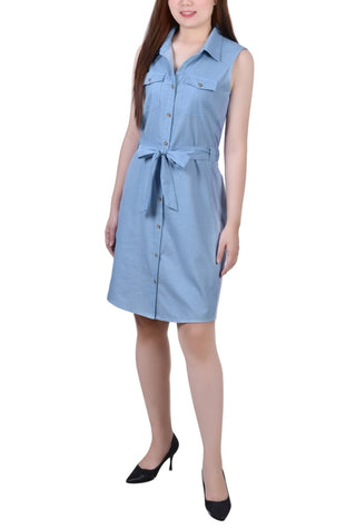 Ny Collection Women's Sleeveless Belted Chambray Dress Blue Size Medium