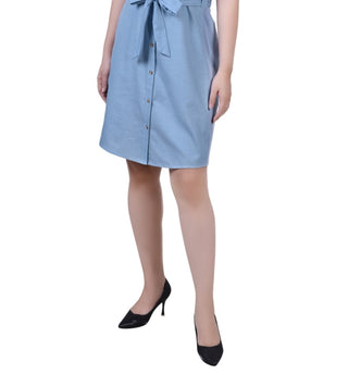 Ny Collection Women's Sleeveless Belted Chambray Dress Blue Size Medium