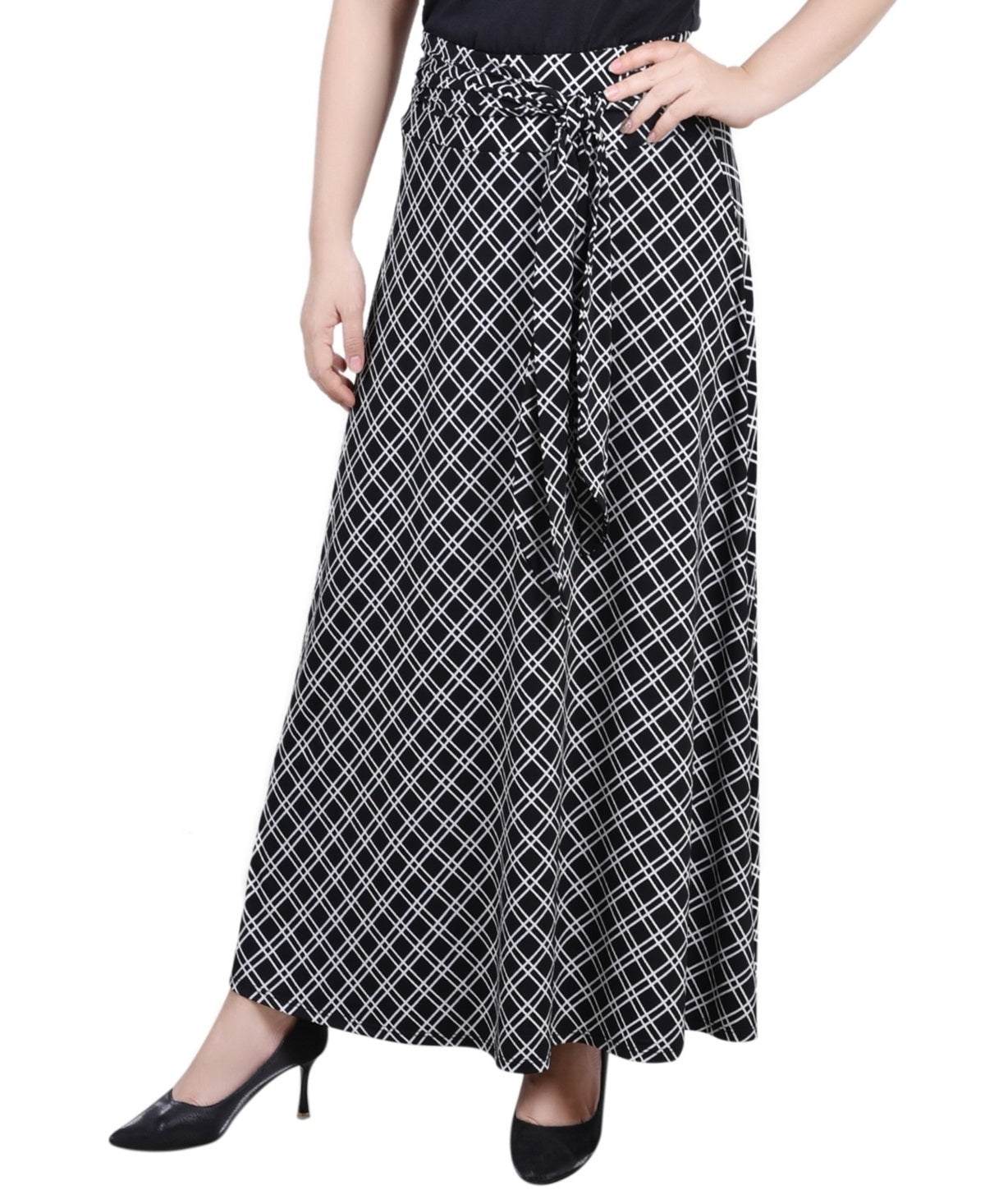 NY Collection Women's Printed Maxi Skirt With Sash Waist Tie Black Size Petite Medium