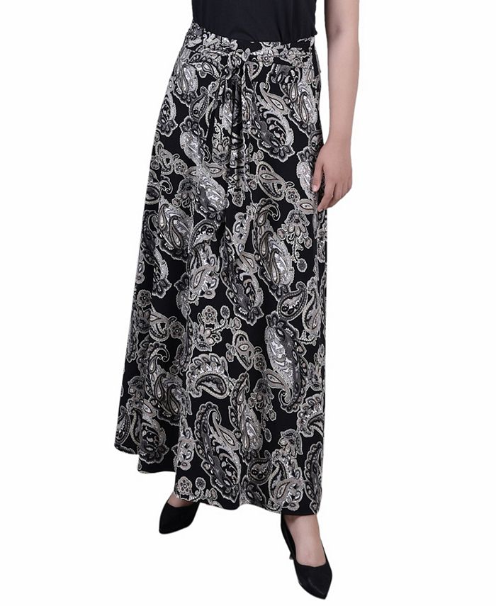 NY Collection Women's Printed Maxi Skirt With Sash Waist Tie Black Size Petite Medium