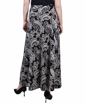 NY Collection Women's Printed Maxi Skirt With Sash Waist Tie Black Size Petite Medium
