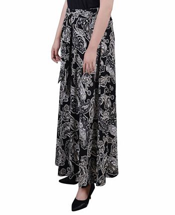 NY Collection Women's Printed Maxi Skirt With Sash Waist Tie Black Size Petite Medium