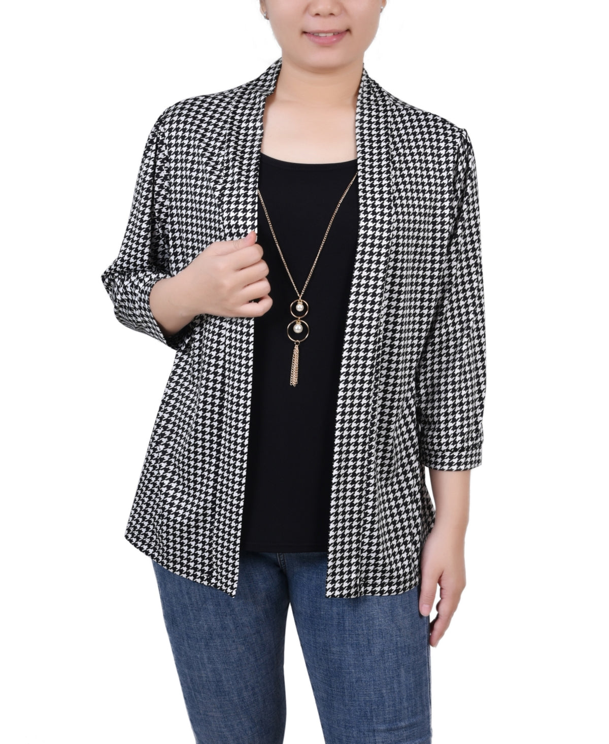 NY Collection Women's 3/4 Sleeve Two Fer Top Black Size Petite Medium