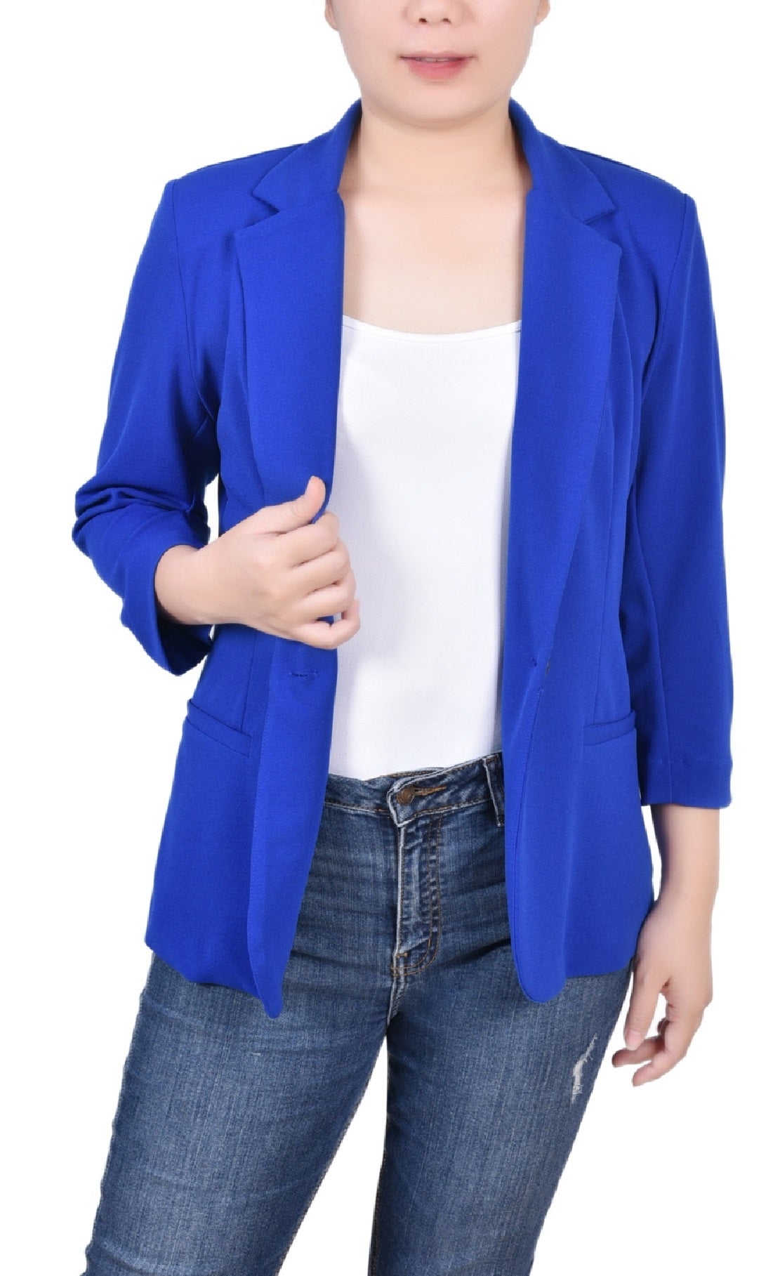 NY Collection Women's 3/4 Sleeve Scuba Crepe Jacket Blue Size Petite Small