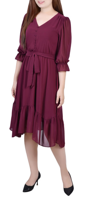 NY Collection Women's 3/4 Sleeve V Neck Flounced Dress Red Size Petite Large