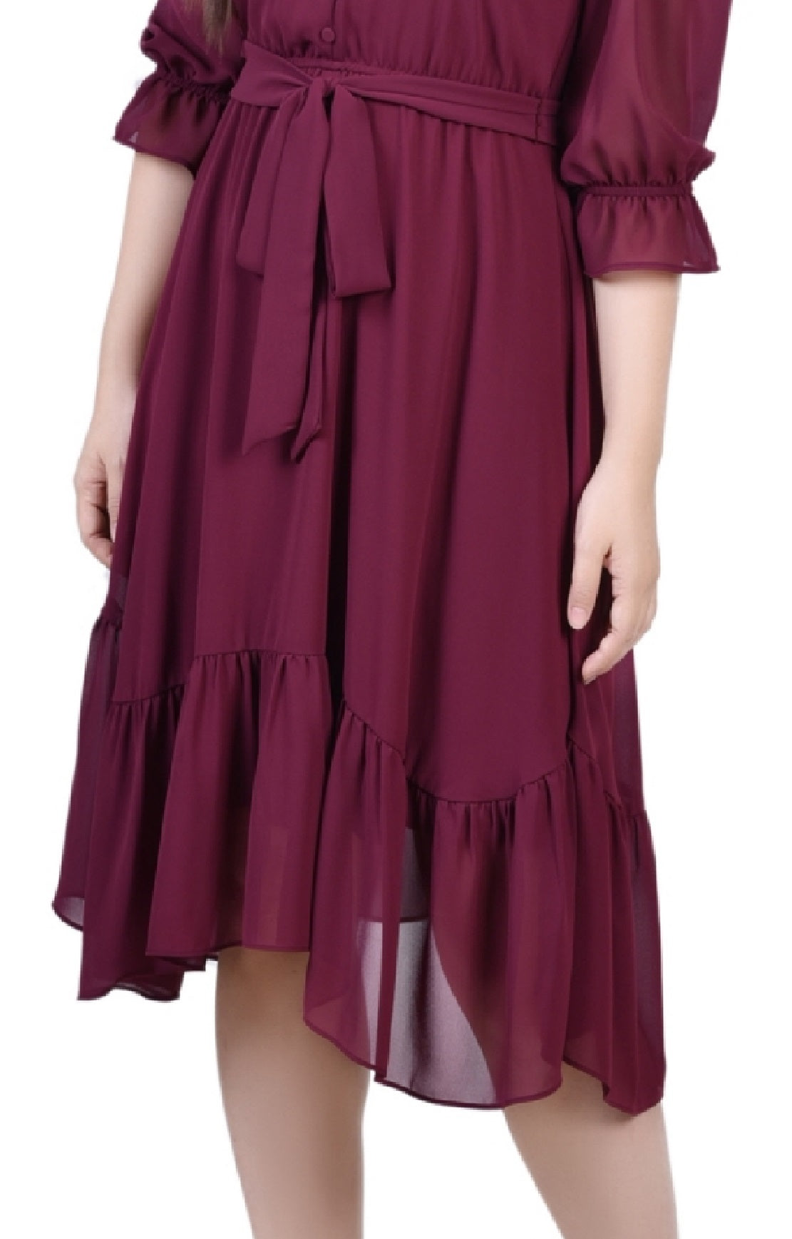 NY Collection Women's 3/4 Sleeve V Neck Flounced Dress Red Size Petite Large