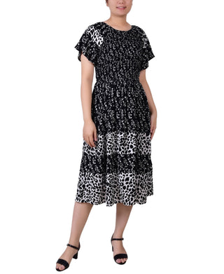 NY Collection Women's Short Sleeve Smocked Combo Print Dress Black Size Petite Medium