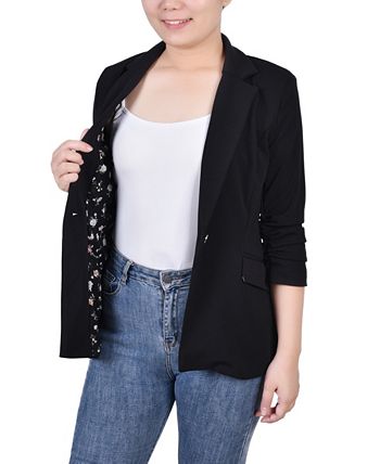 NY Collection Women's 3/4 Rouched Sleeve Crepe Jacket Black Size X-Large
