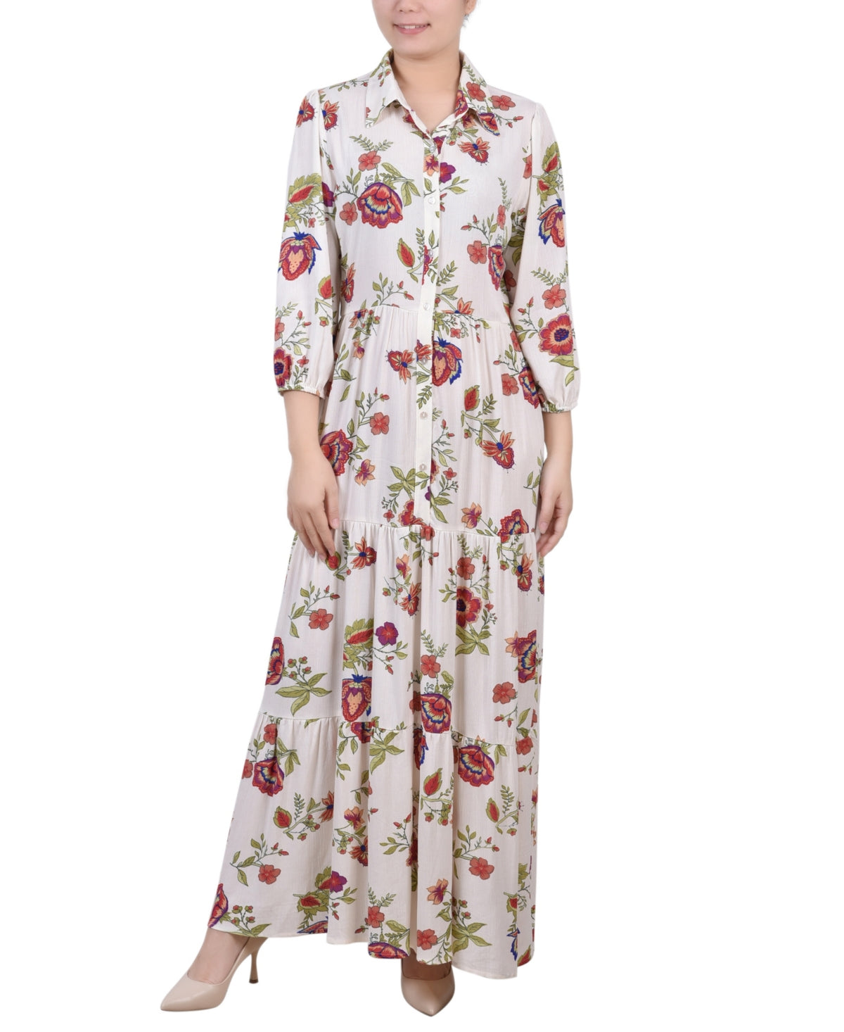 NY Collection Women's 3/4 Sleeve Crinkle Tiered Maxi Dress White Size Petite Medium