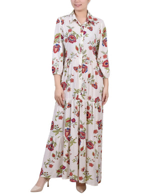 NY Collection Women's 3/4 Sleeve Crinkle Tiered Maxi Dress White Size Petite Medium