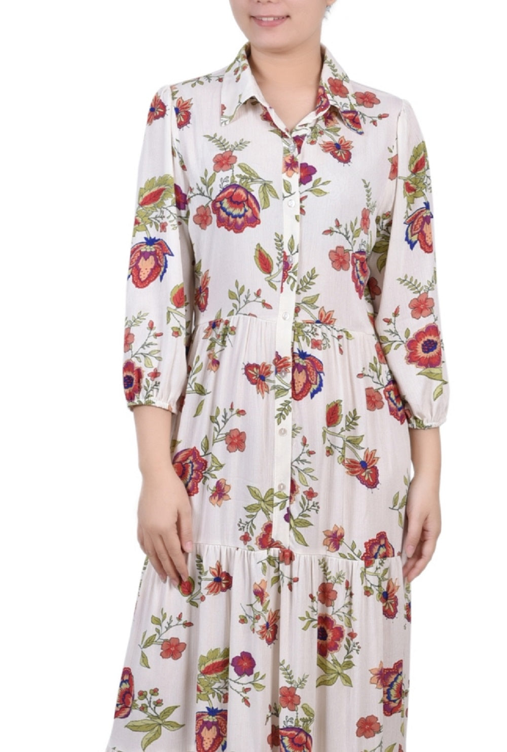 NY Collection Women's 3/4 Sleeve Crinkle Tiered Maxi Dress White Size Petite Medium