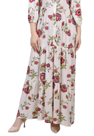 NY Collection Women's 3/4 Sleeve Crinkle Tiered Maxi Dress White Size Petite Medium