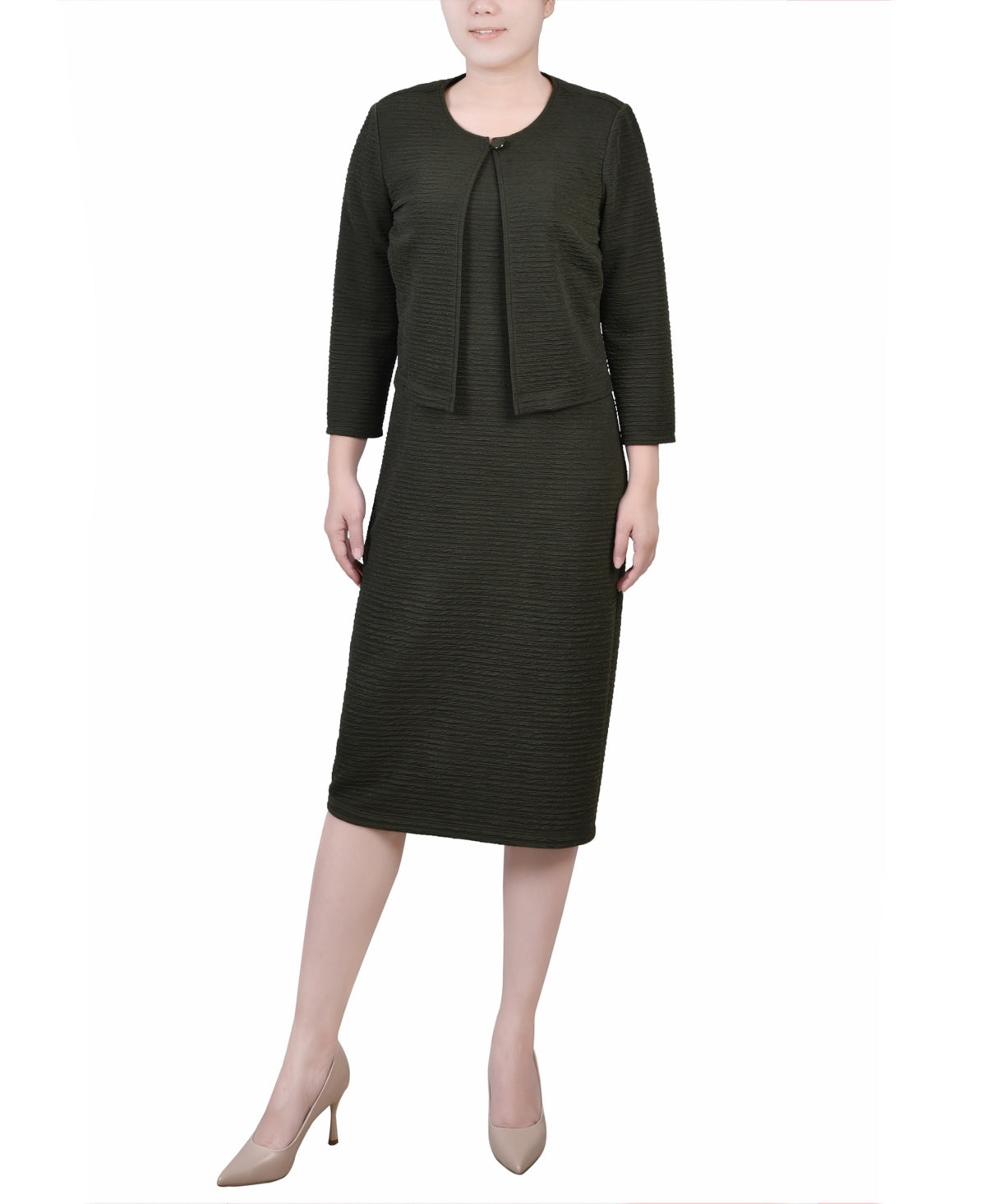 NY Collection Women's Textured 3/4 Sleeve Two Piece Dress Set Green Size 14