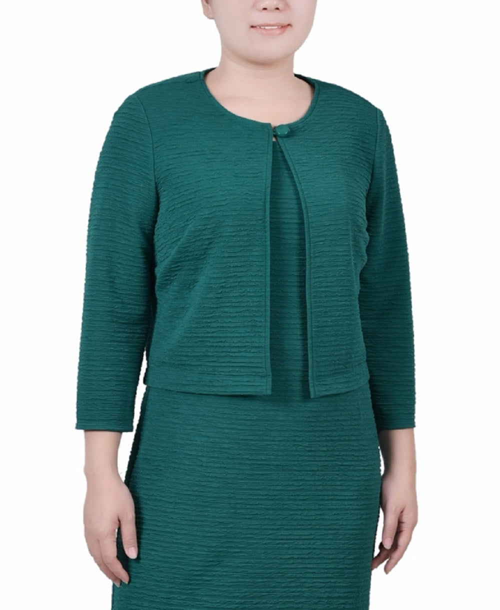 NY Collection Women's Textured 3/4 Sleeve Two Piece Dress Set Green Size 14 Petite
