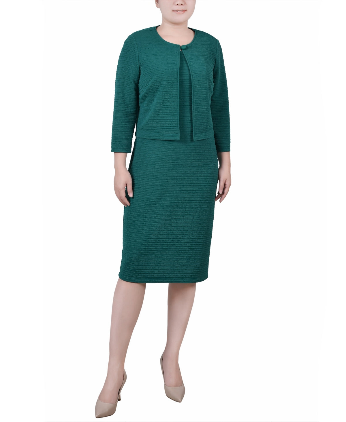 NY Collection Women's Textured 3/4 Sleeve Two Piece Dress Set Green Size 14 Petite