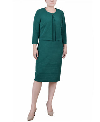 NY Collection Women's Textured 3/4 Sleeve Two Piece Dress Set Green Size 14 Petite