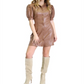 Kit & Sky Women's Faux Leather Puff-Sleeve Fit & Flare Dress Brown Size Small
