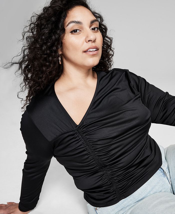 And Now This Women's Asymmetrical Ruched Top Black Size 0X