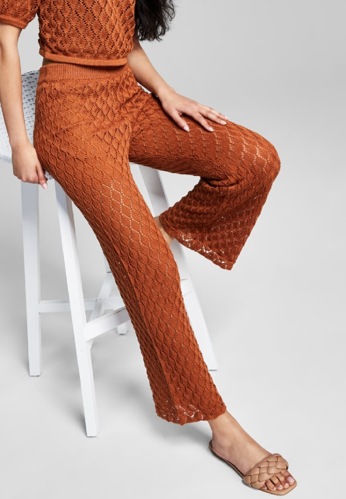 And Now This Women's Crochet Flare Leg Pants Brown Size Small