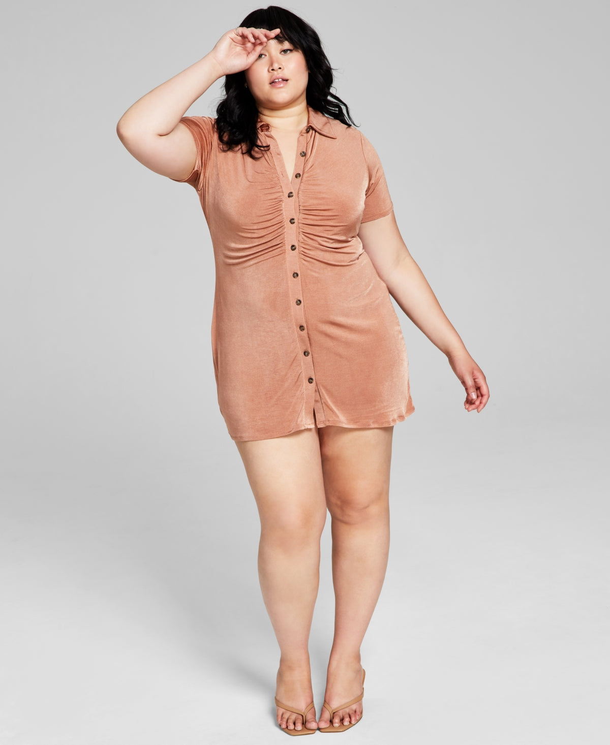 And Now This Women's Ruched Shirtdress Brown Size 3X