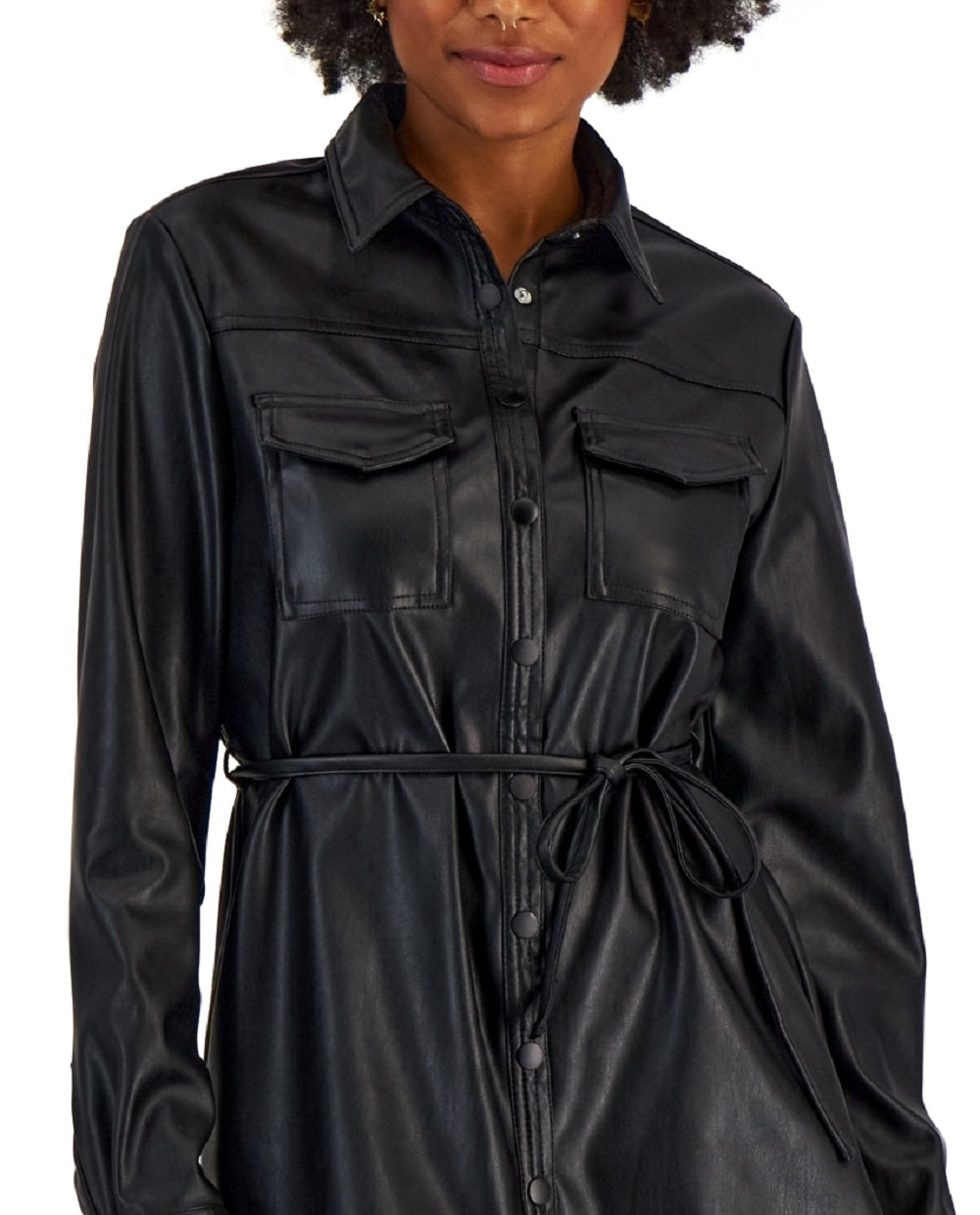 Kit & Sky Junior's Faux Leather Shirtdress Black Size Large
