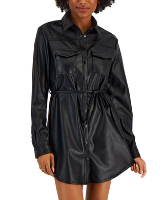 Kit & Sky Junior's Faux Leather Shirtdress Black Size Large