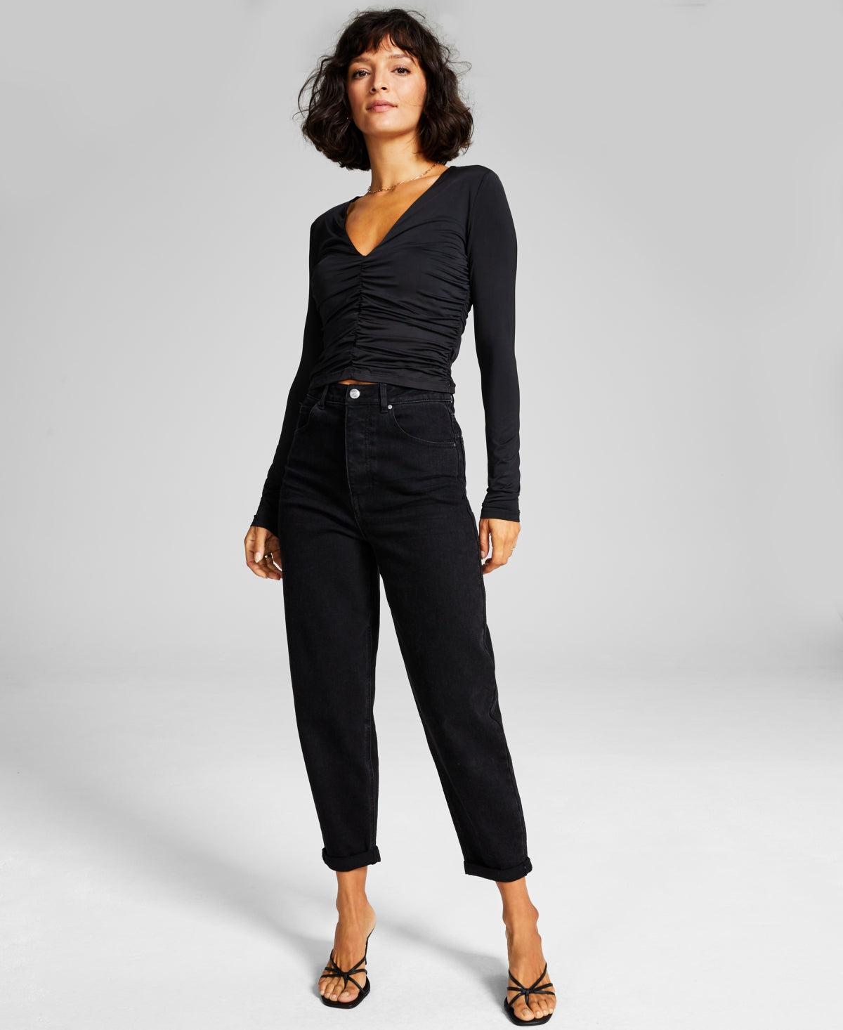 And Now This Women's Ruched Long Sleeve V Neck Knit Top Black Size X-Small