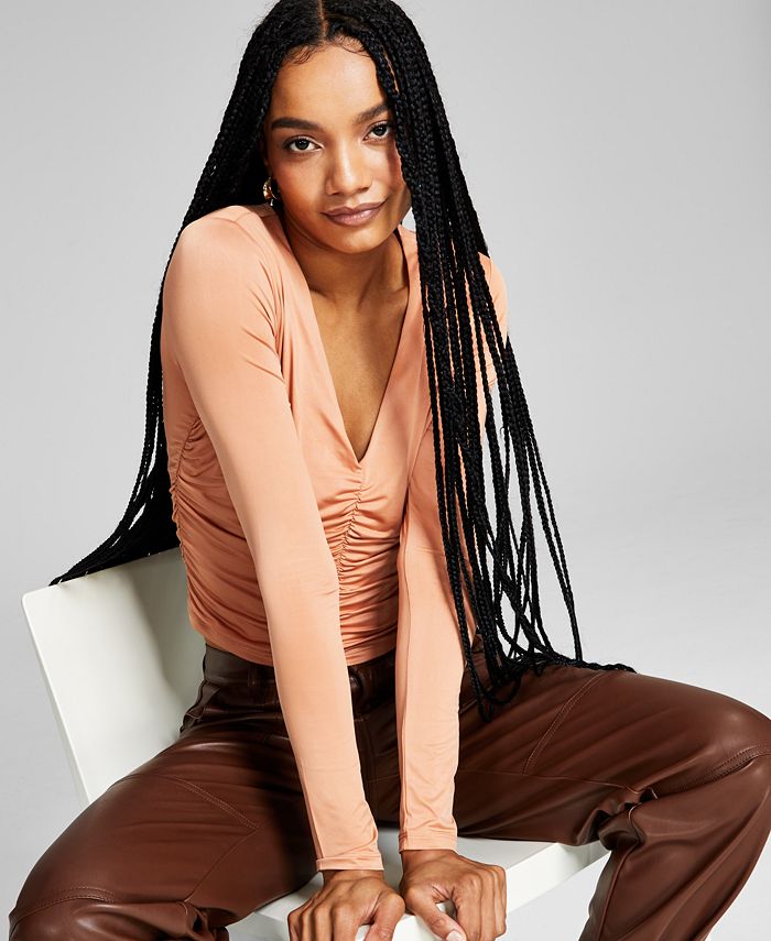 And Now This Women's Ruched Long Sleeve V Neck Knit Top Brown Size L