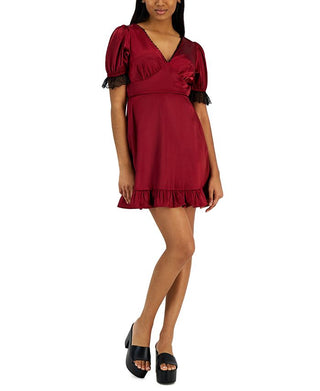 Kit & Sky Womens Junior's Satin Lace Trim Cocktail and Party Dress Red Size XX-Small