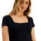 And Now This Women's Square Neck Short Sleeve Bodysuit Black Size Medium
