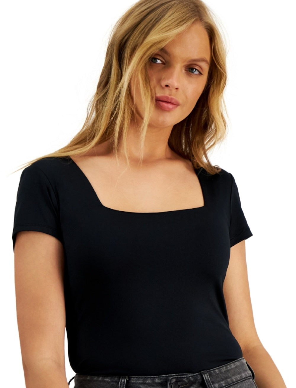 And Now This Women's Square Neck Short Sleeve Bodysuit Black Size Medium