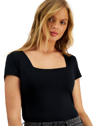 And Now This Women's Square Neck Short Sleeve Bodysuit Black Size Medium