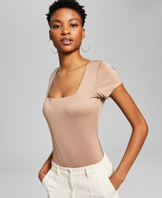 And Now This Women's Square Neck Short Sleeve Bodysuit Brown Size Medium