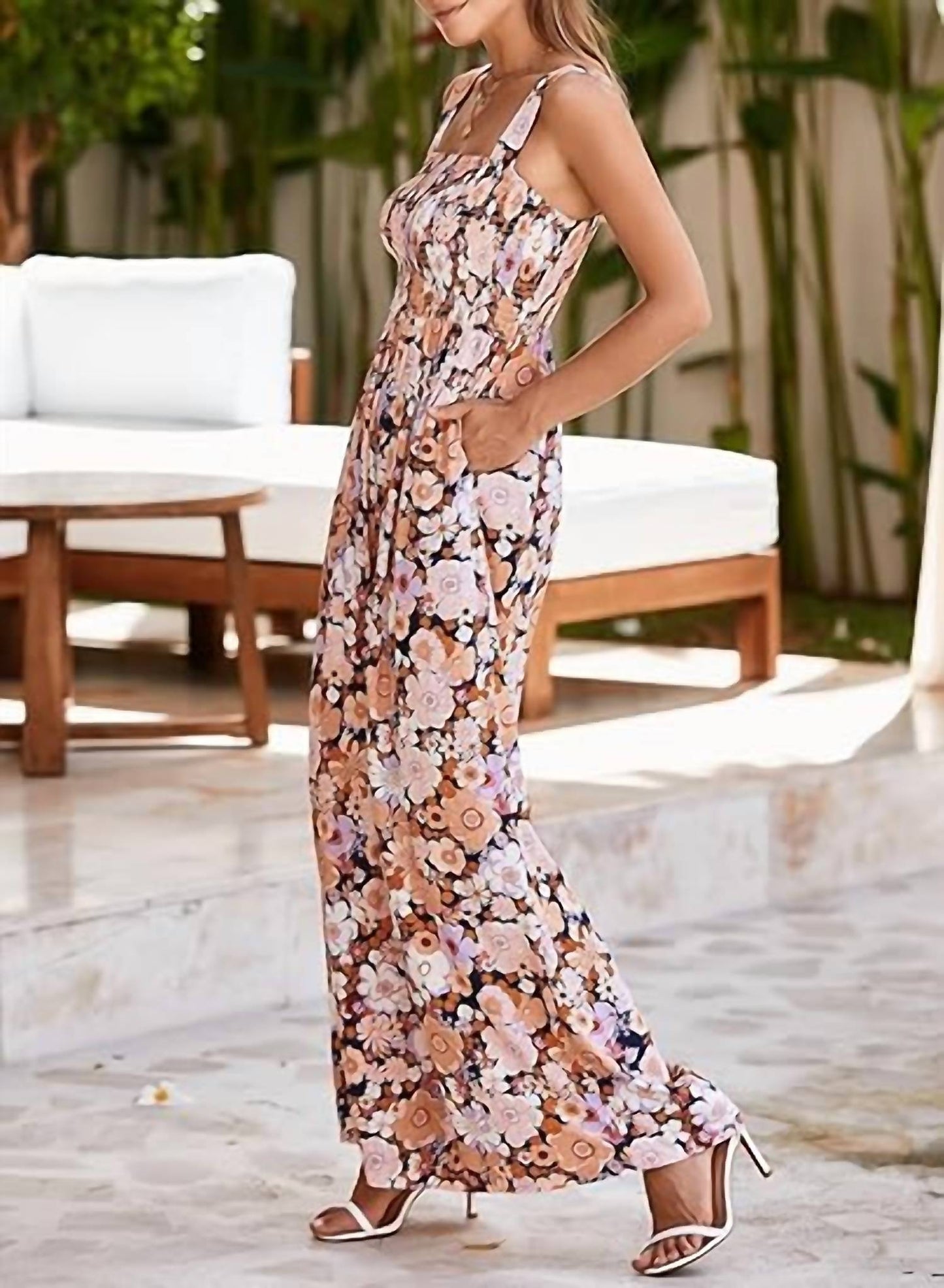 Aapparella - Floral Print Smocked High Waist Fashion Jumpsuit