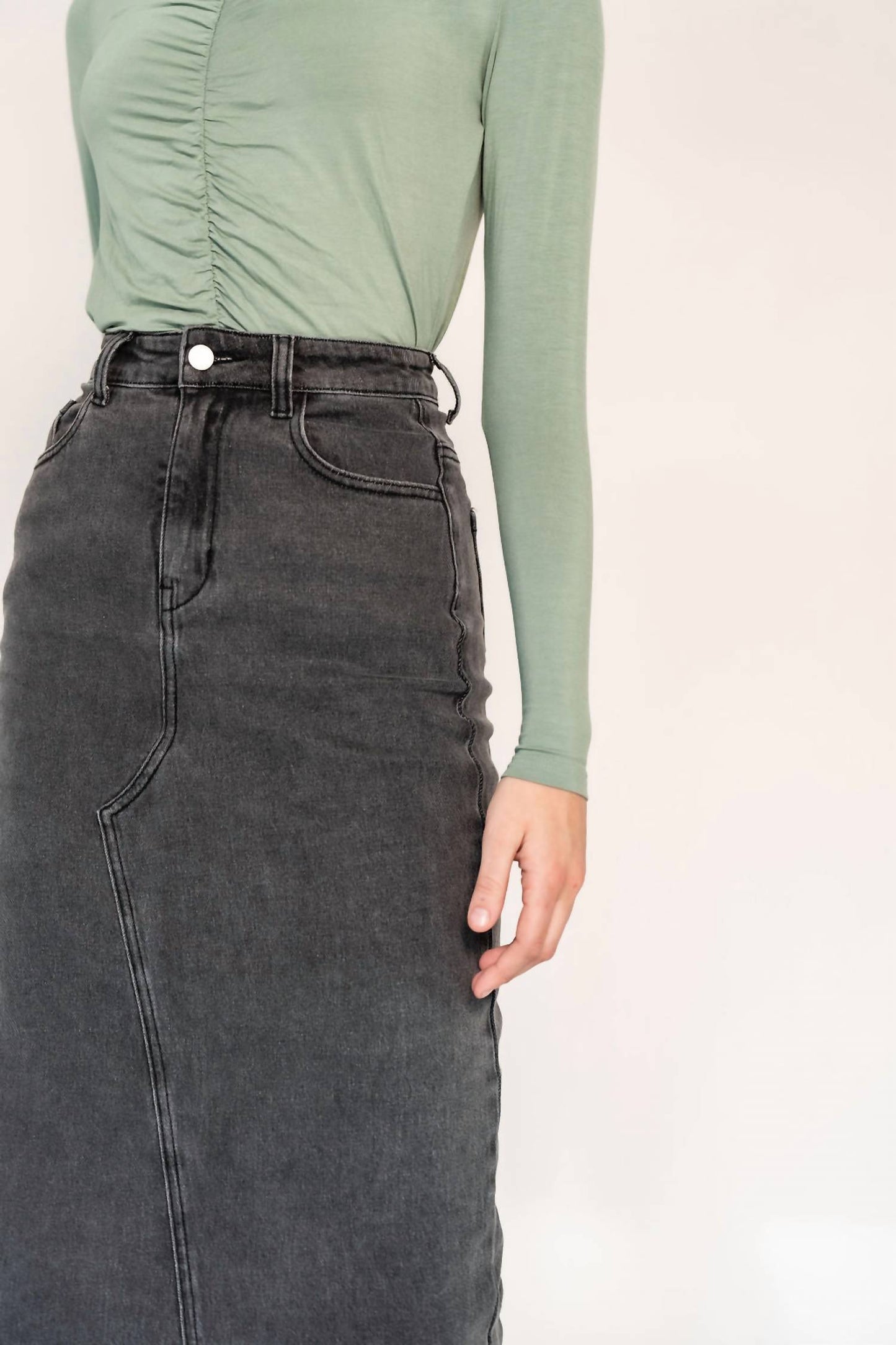 Recollection Brand - Frayed Hem Asymmetrical Stretch Denim Maxi Skirt