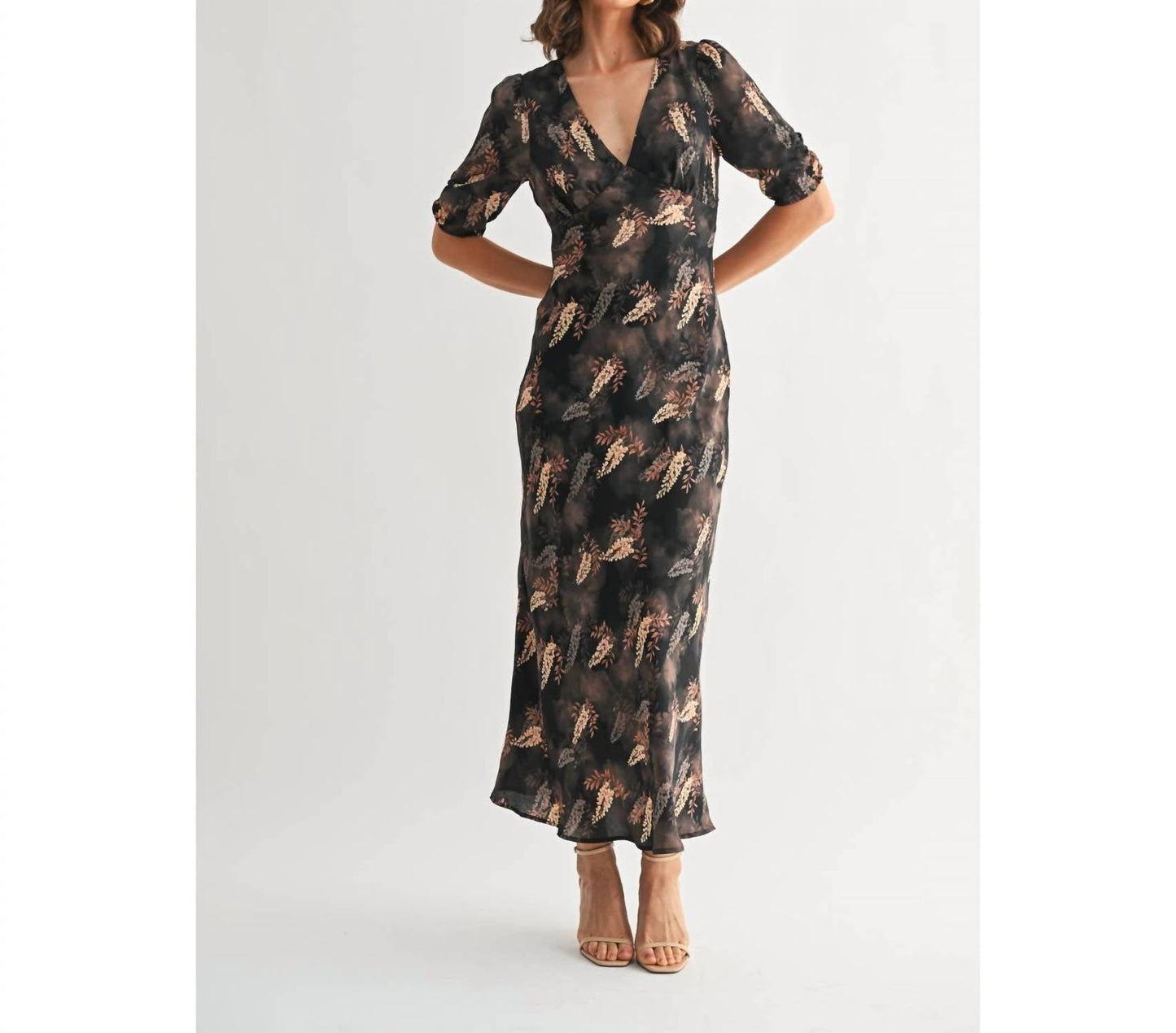 Fun 2 Fun - Leaf Print Satin Midi Dress