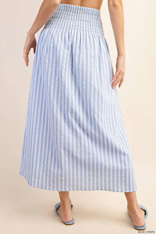 Kori - Rayon Striped Lined Midi Skirt a/ Smocked Waist