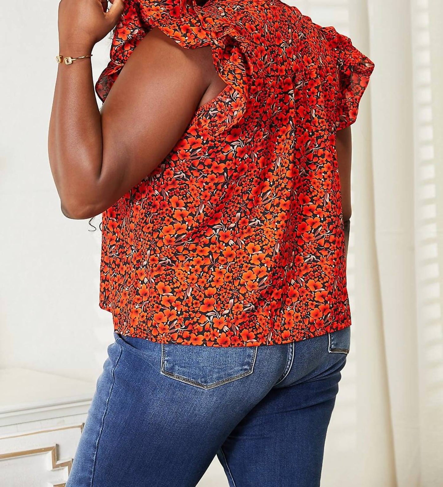 Double Take - Floral Flutter Sleeve Notched Neck Blouse
