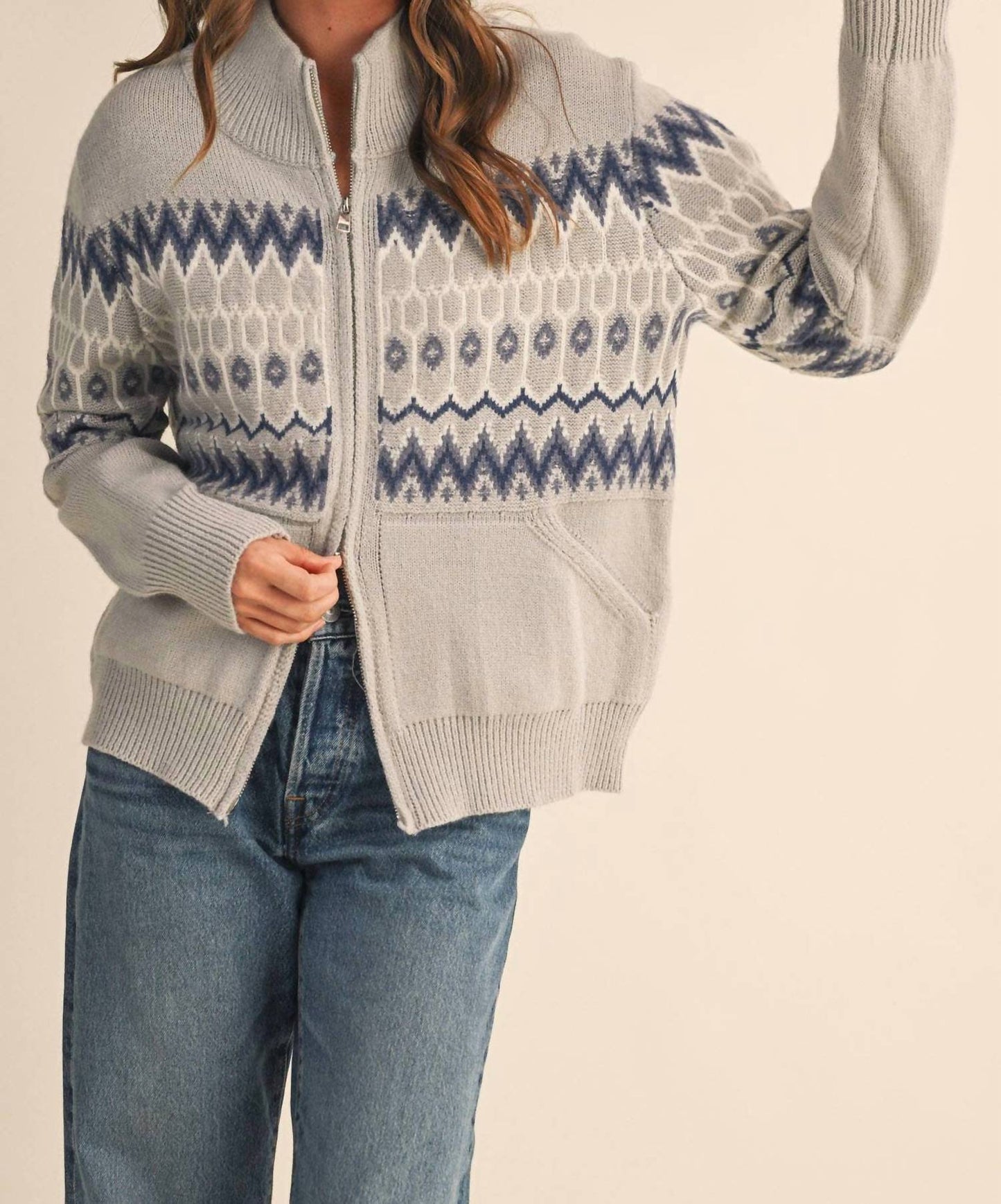 &Merci - Cozy Fair Isle Zip-Up Cardigan