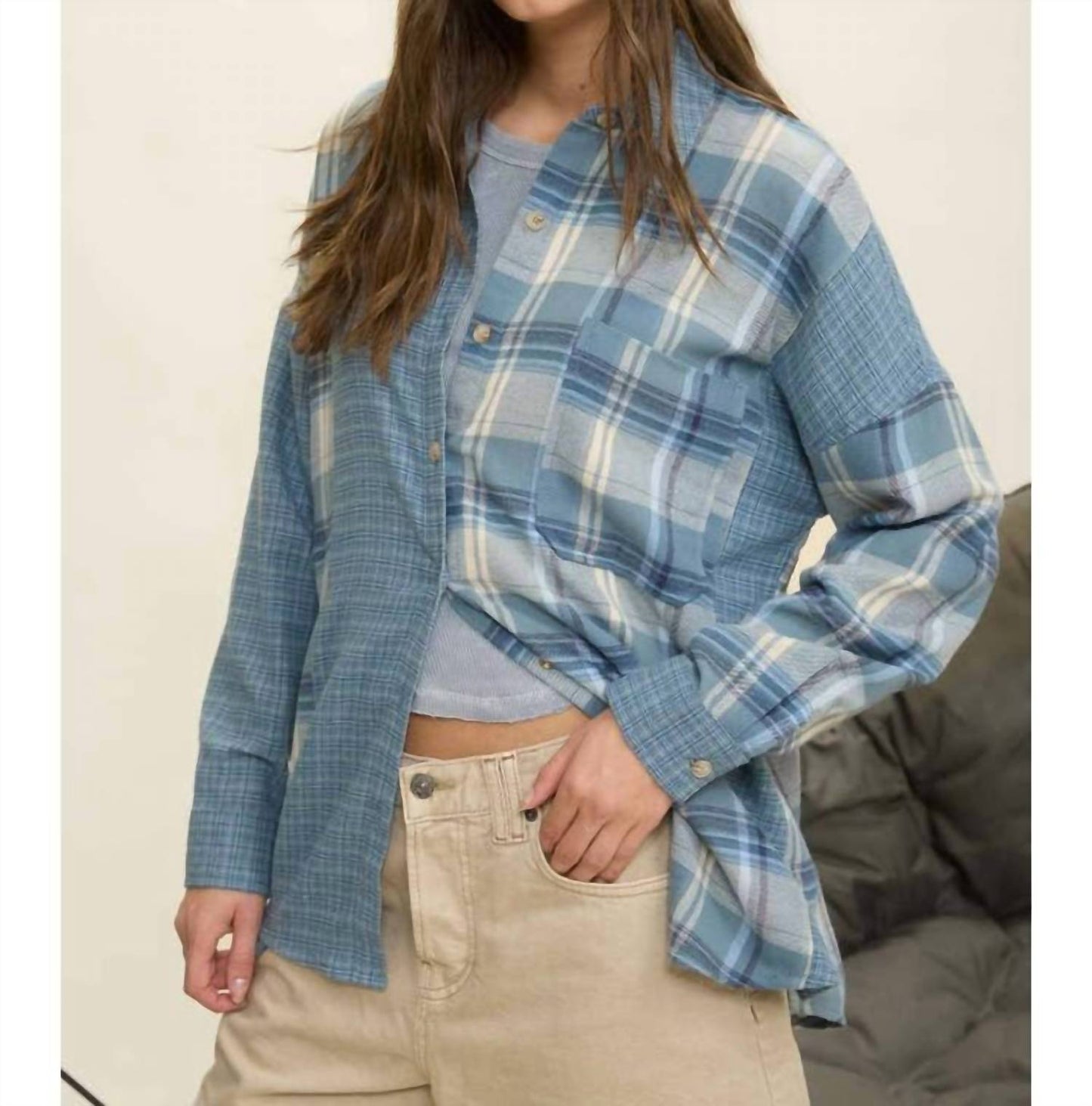 Blu Pepper - Colorblock Plaid Long Sleeve Button Down Shirt