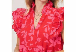 Umgee - Women's Red Mix Floral Ruffle Sleeve Dress