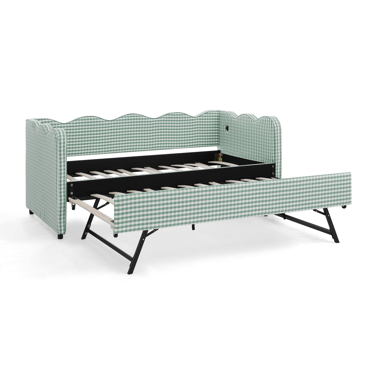 Cozy Gingham Daybed with Trundle Twin Size Sofa Bed No Box Spring Needed