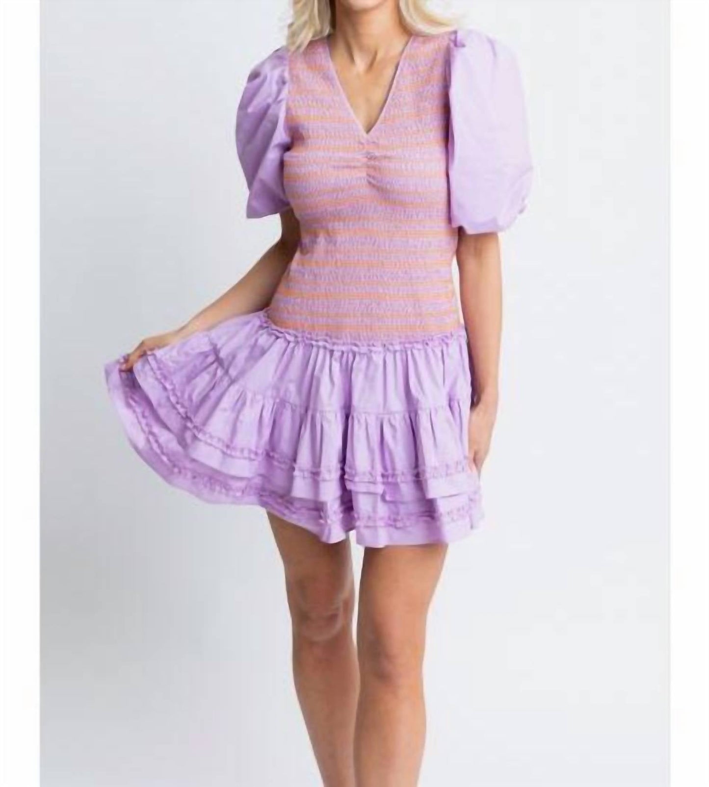 Karlie - Solid Poplin V-neck Smock Mini Dress