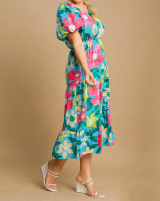 Trendsi - Umgee Full Size Tiered Floral Print Notched Puff Sleeve Midi Dress Plus Size