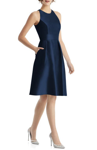 Alfred Sung Midnight Jewel Neck Satin Cocktail Dress