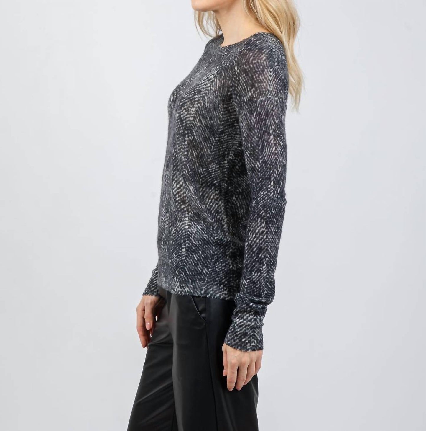 Autumn Cashmere - Cashmere Herringbone Print Raw Edge Crew Sweater
