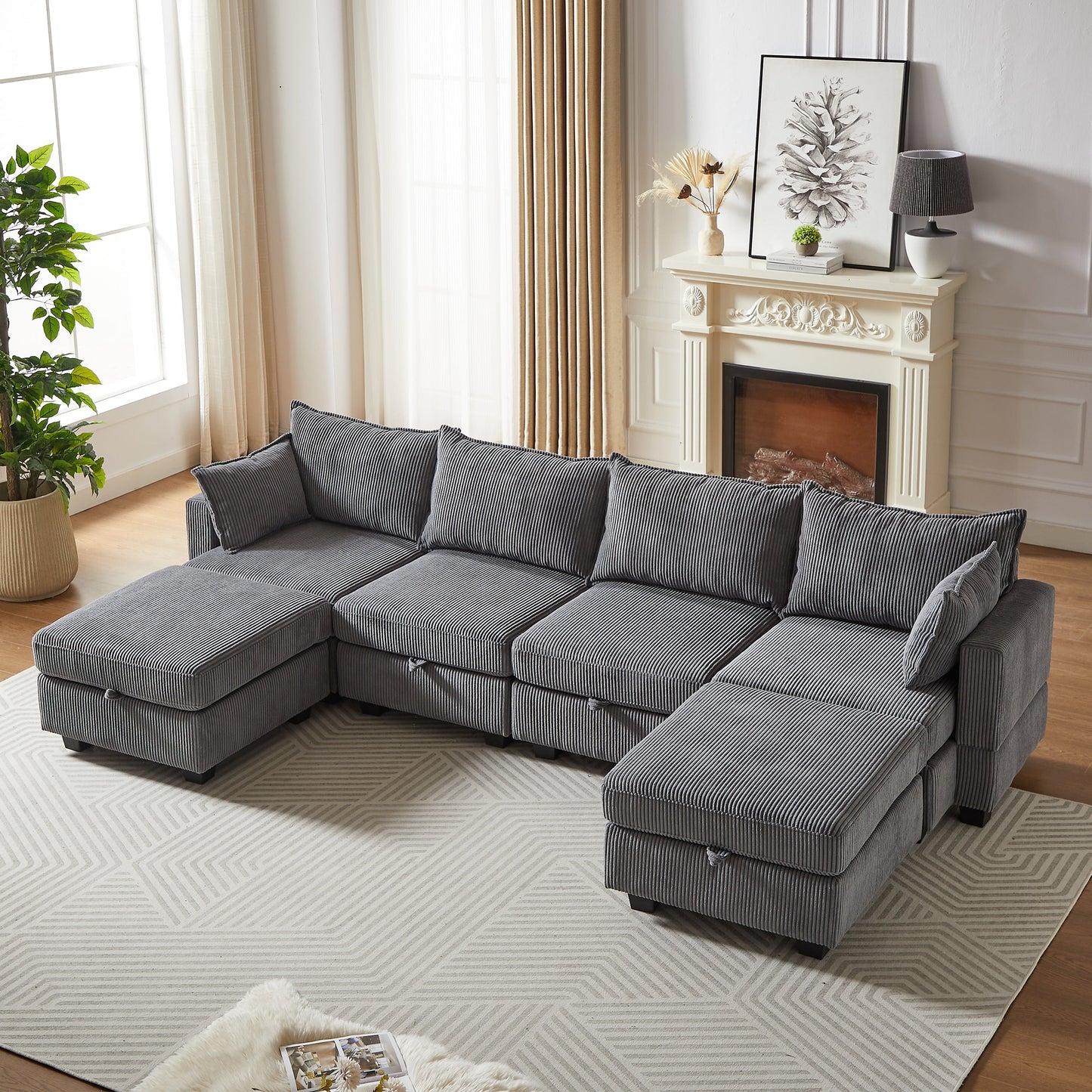 113.5'' Modular Sectional Corduroy Sofa with Storage Ottoman