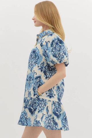 Entro - Boho-inspired Short Puff Sleeve Ruffle Hem Mini Dress